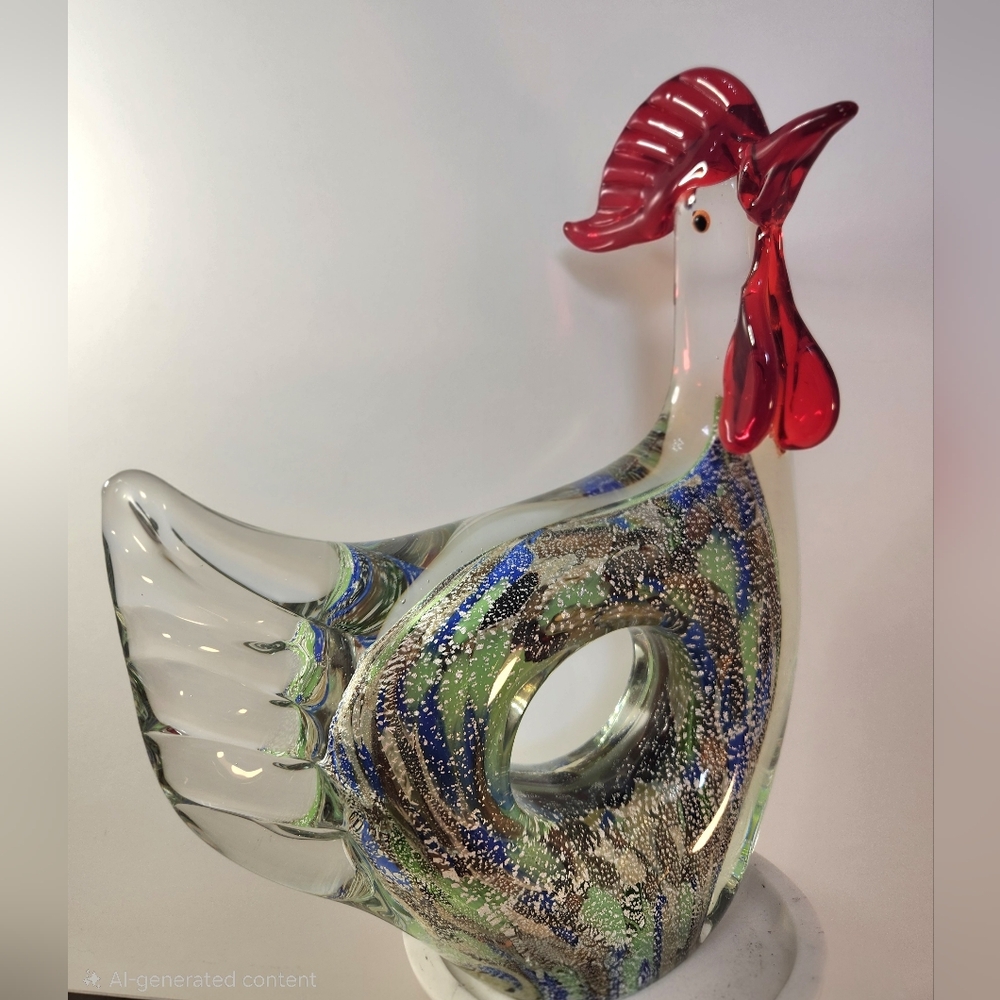 Murano Glass Rooster with Red and Blue Accents